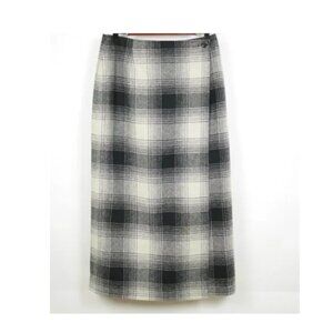 TALBOTS Women's 4 Black & beige plaid wool knit wrap skirt full length lined